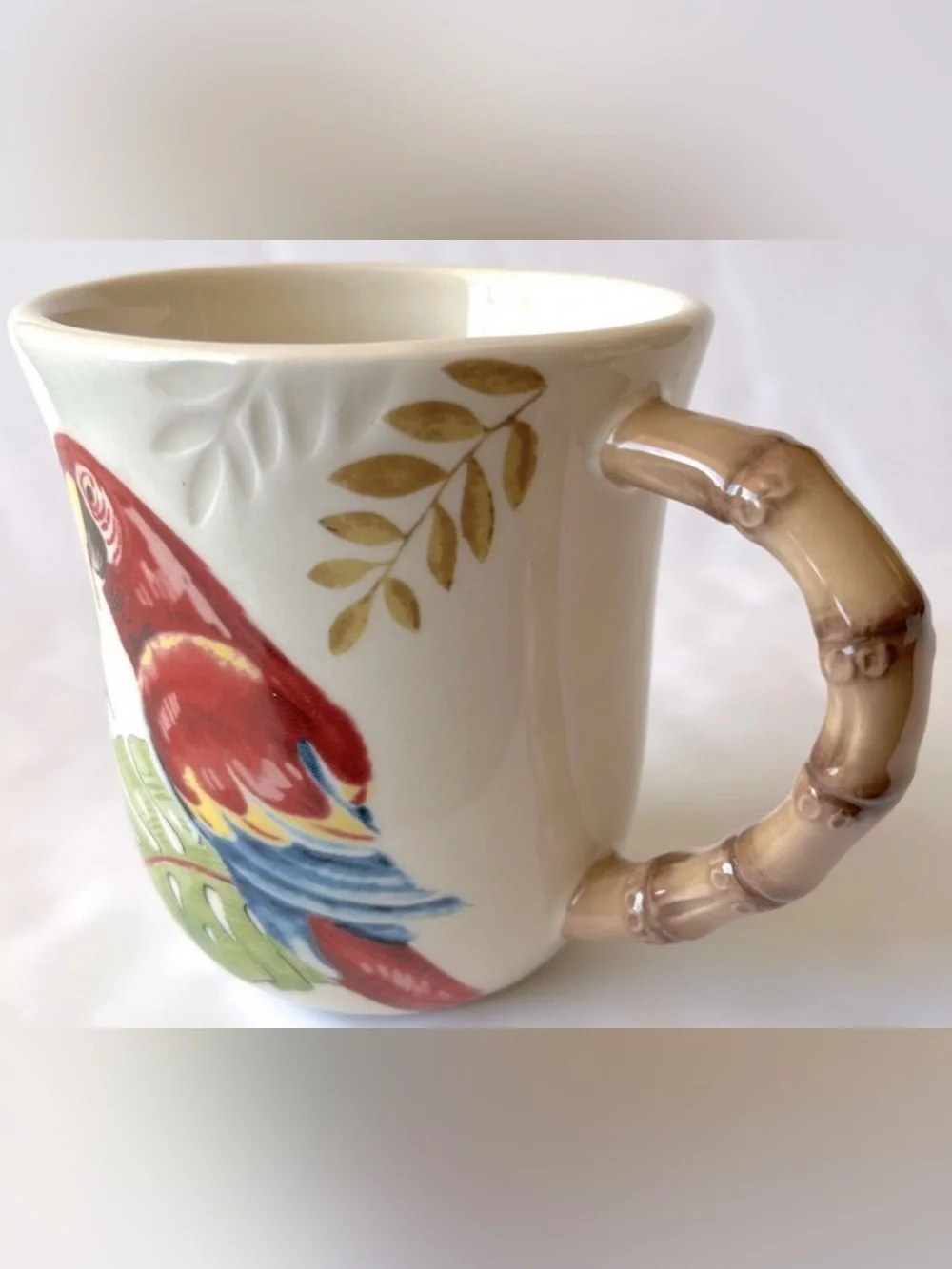 Pier 1 Vintage Red Parrot White Mug Cup Bamboo Handle 14oz
